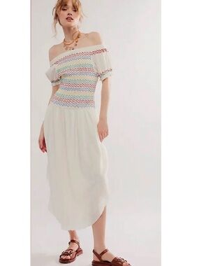 Free People Catch Me Striped Smocked Drop Waist Midi Dress White Small